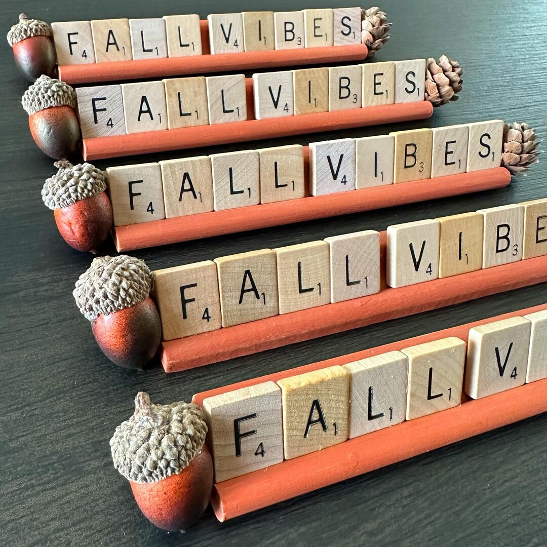 Vintage Rustic “FALL VIBES” Scrabble Letter Word Tile Holder with Embellishments, Fall and Ha... | Etsy (US)