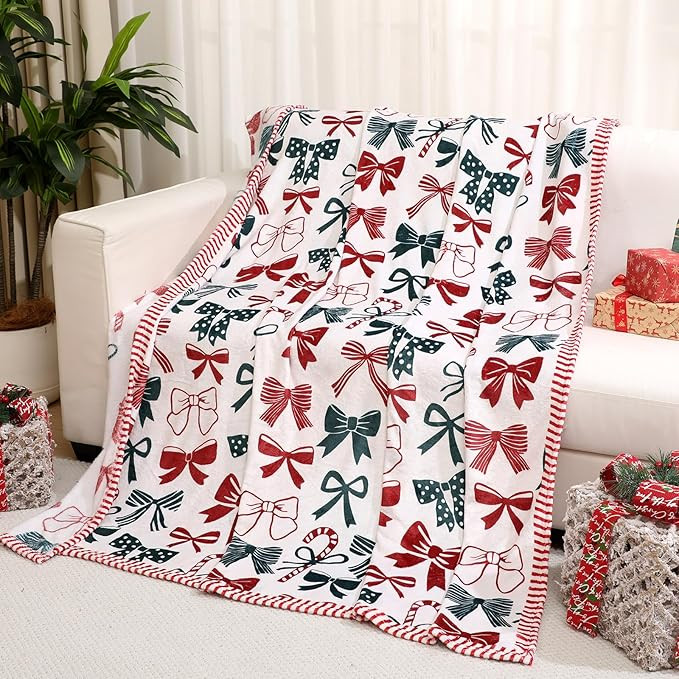 Christmas Bow Throw Blanket Candy Cane Blanket Coquette 60" x 80" Flannel Soft Cute Bow Decor Lig... | Amazon (US)