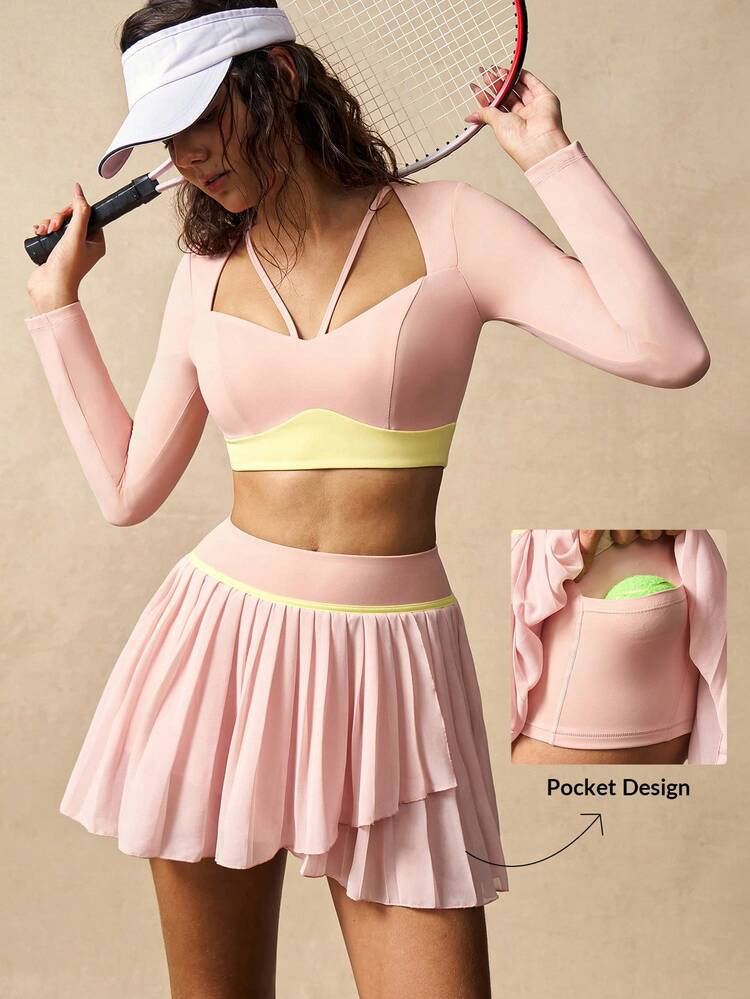VARSIVA Chic Autumn. Back To School Fashion. Pink And Yellow Color-Blocked Tennis Set Features A Cropped, Long-Sleeved Tennis Top And A Mesh Mini Tennis Skirt, Suitable For Tennis, Pilates, Yoga, And Everyday Wear. Perfect For Spring, Summer, Autumn, And Winter. Vanilla Style. | SHEIN