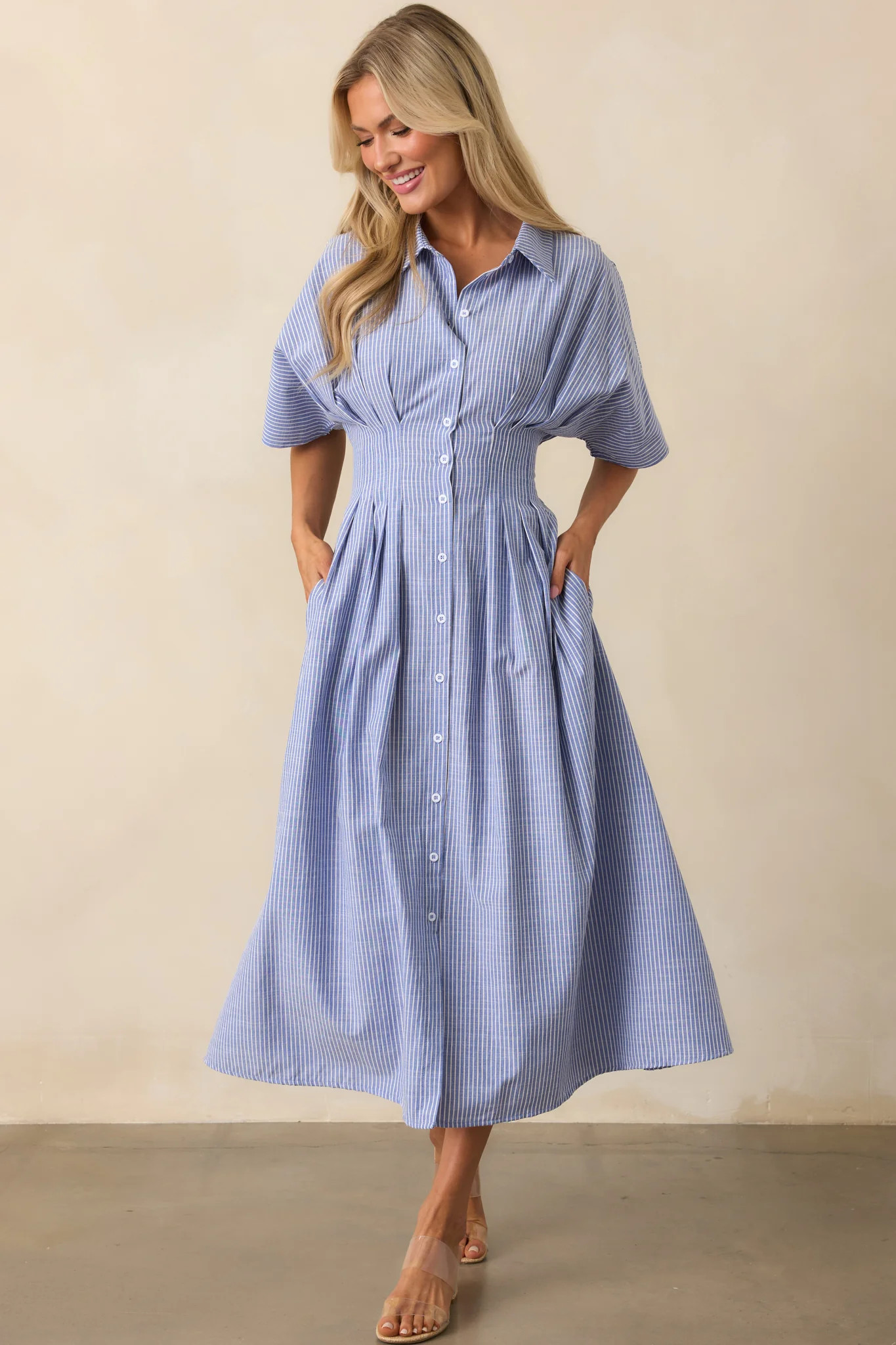 No Big Deal Blue Stripe Cotton Pleated Midi Shirt Dress | Red Dress
