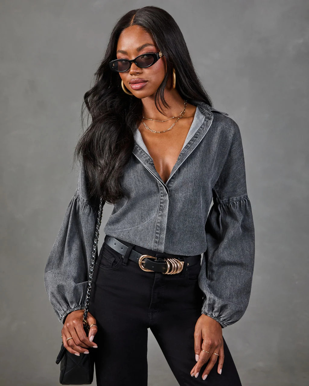 Apple Picking Denim Balloon Sleeve Blouse | VICI