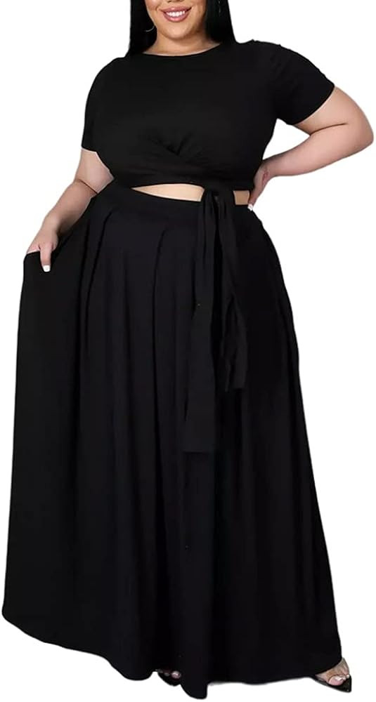 Ophestin Womens Plus Size 2 Piece Dress Outfits Solid Color Crop Top Maxi Skirts Set | Amazon (US)