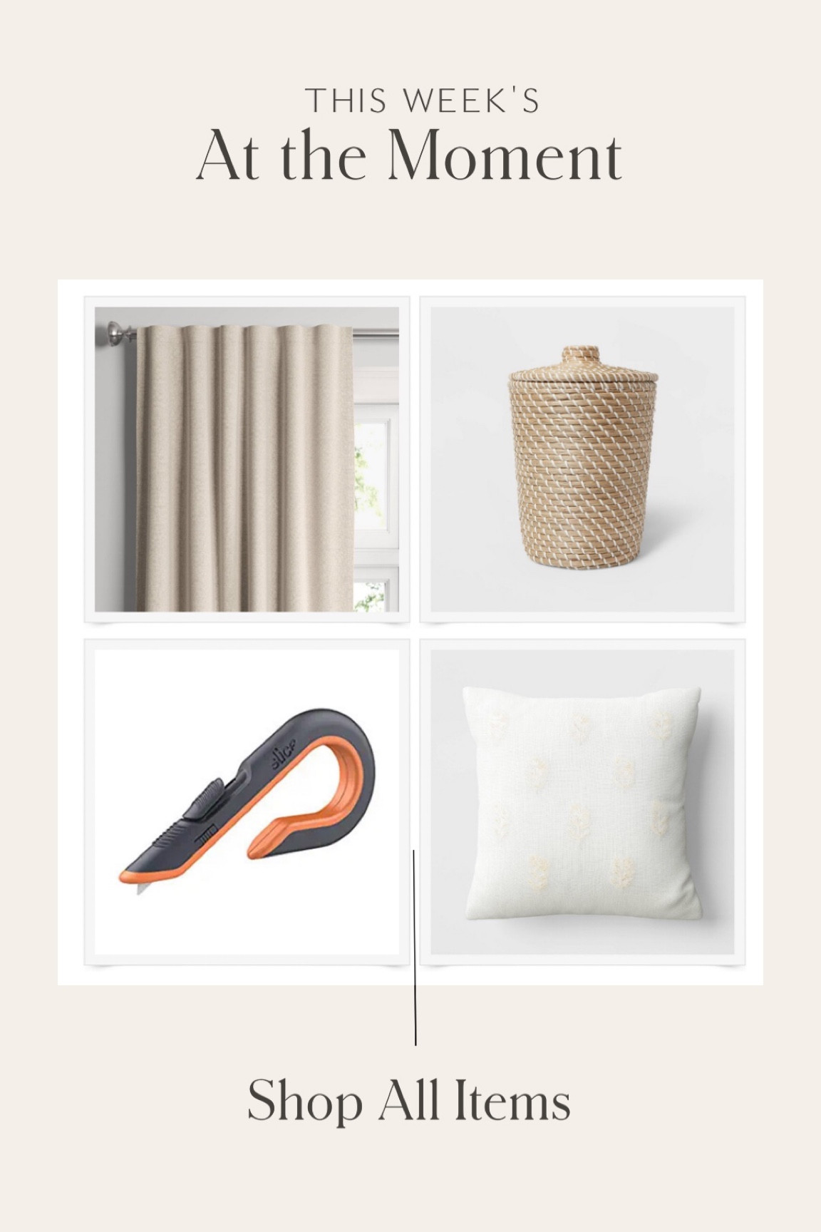 This weeks items that I’m loving at the moment to inspire your home, fashion style, well-being, health and overall lifestyle!
•
•
•
Target home, target finds, affordable curtains, blackout curtains, bedroom decor, woven trash can, bathroom decor, Serena and Lily style, dupe, amazon finds, household tools, throw pillow, spring decor, neutral style 

#LTKsalealert #LTKhome #LTKunder50