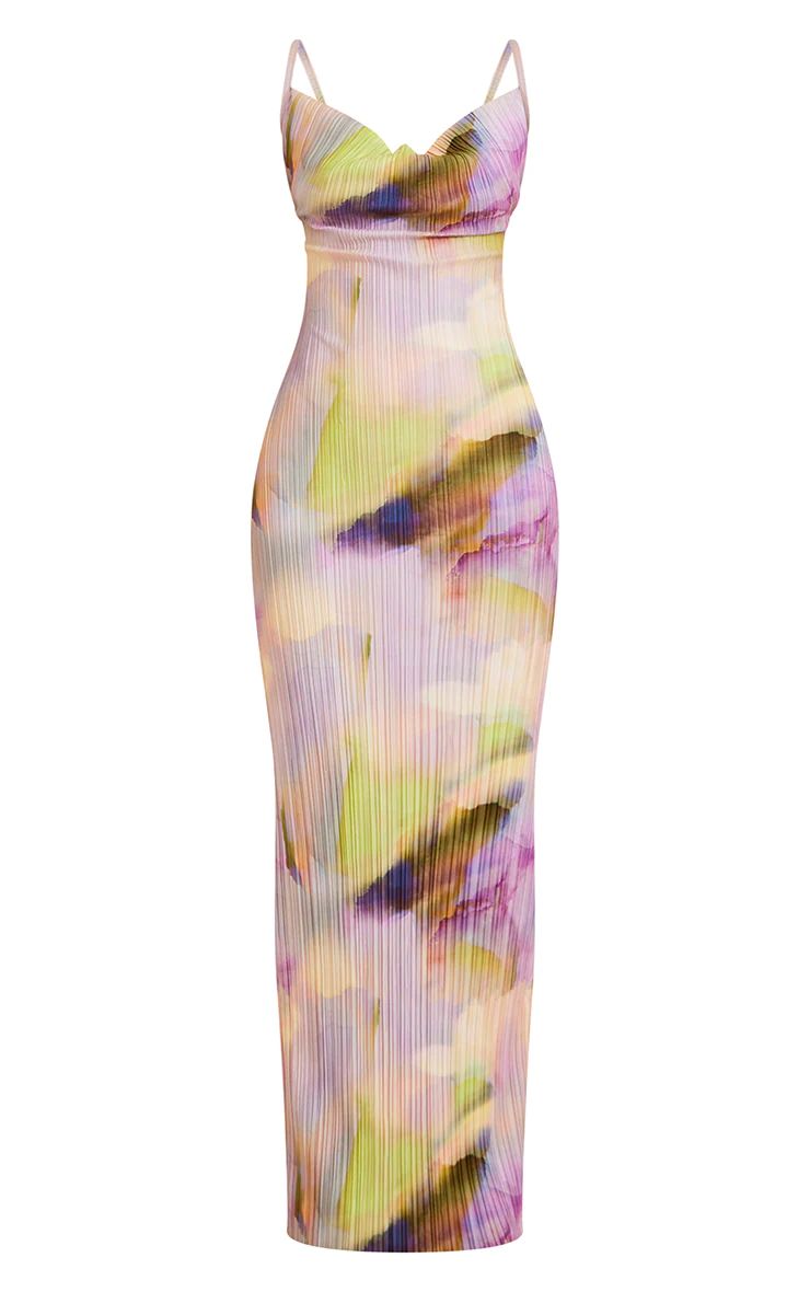 Multi Watercolour Plisse Strappy Maxi Dress | PrettyLittleThing US