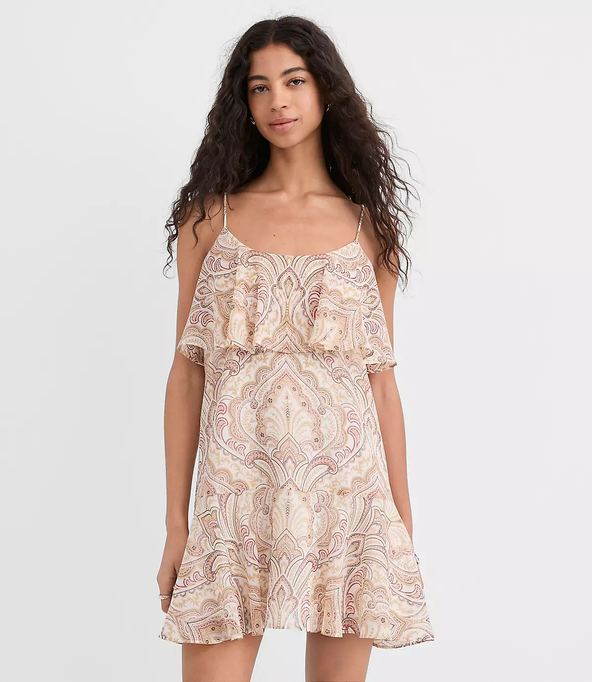 Petite Tiled Strappy Ruffle Mini Dress | LOFT