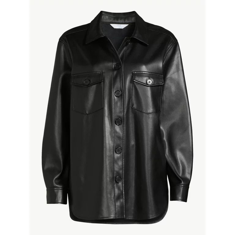 Time and Tru Women's Faux Leather Button Down Shacket, Sizes XS-3XL - Walmart.com | Walmart (US)