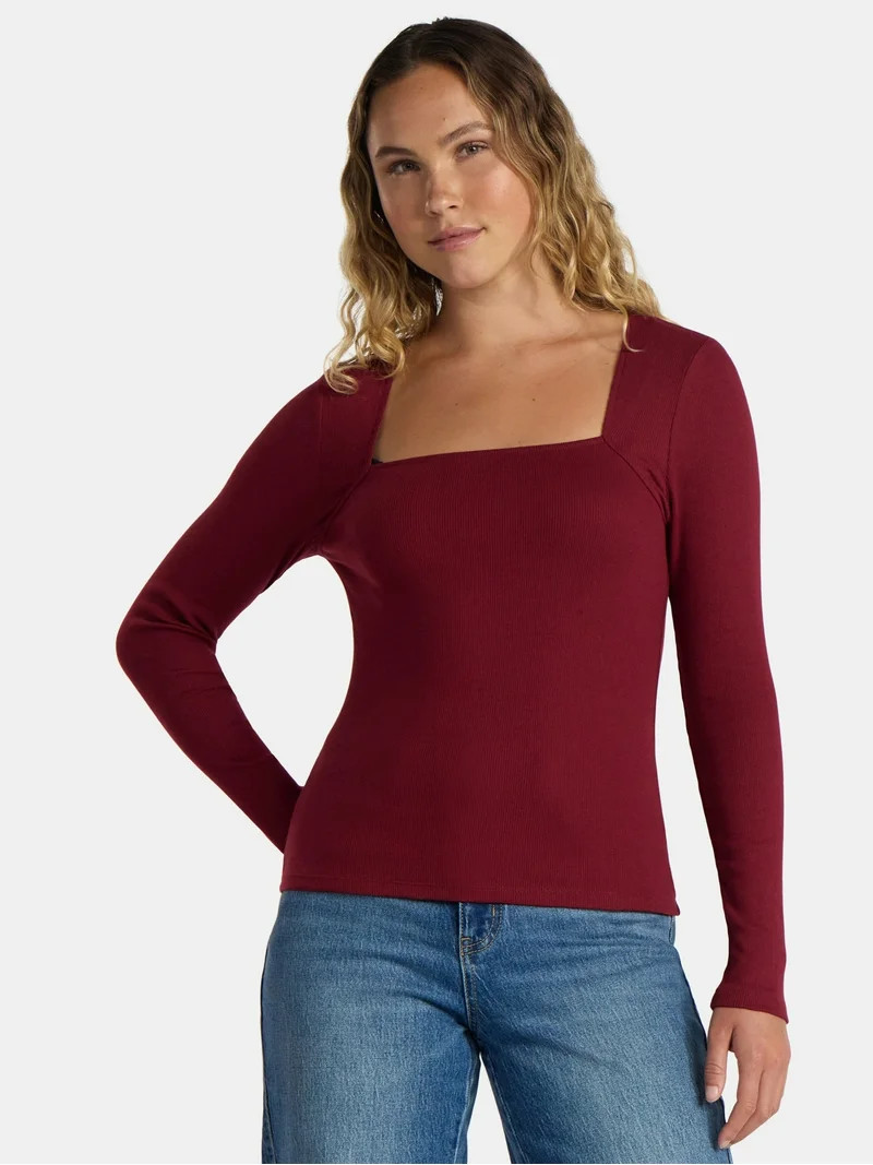 Time and Tru Women's Ribbed Square Neck Top, Size XS-3XL | Walmart (US)