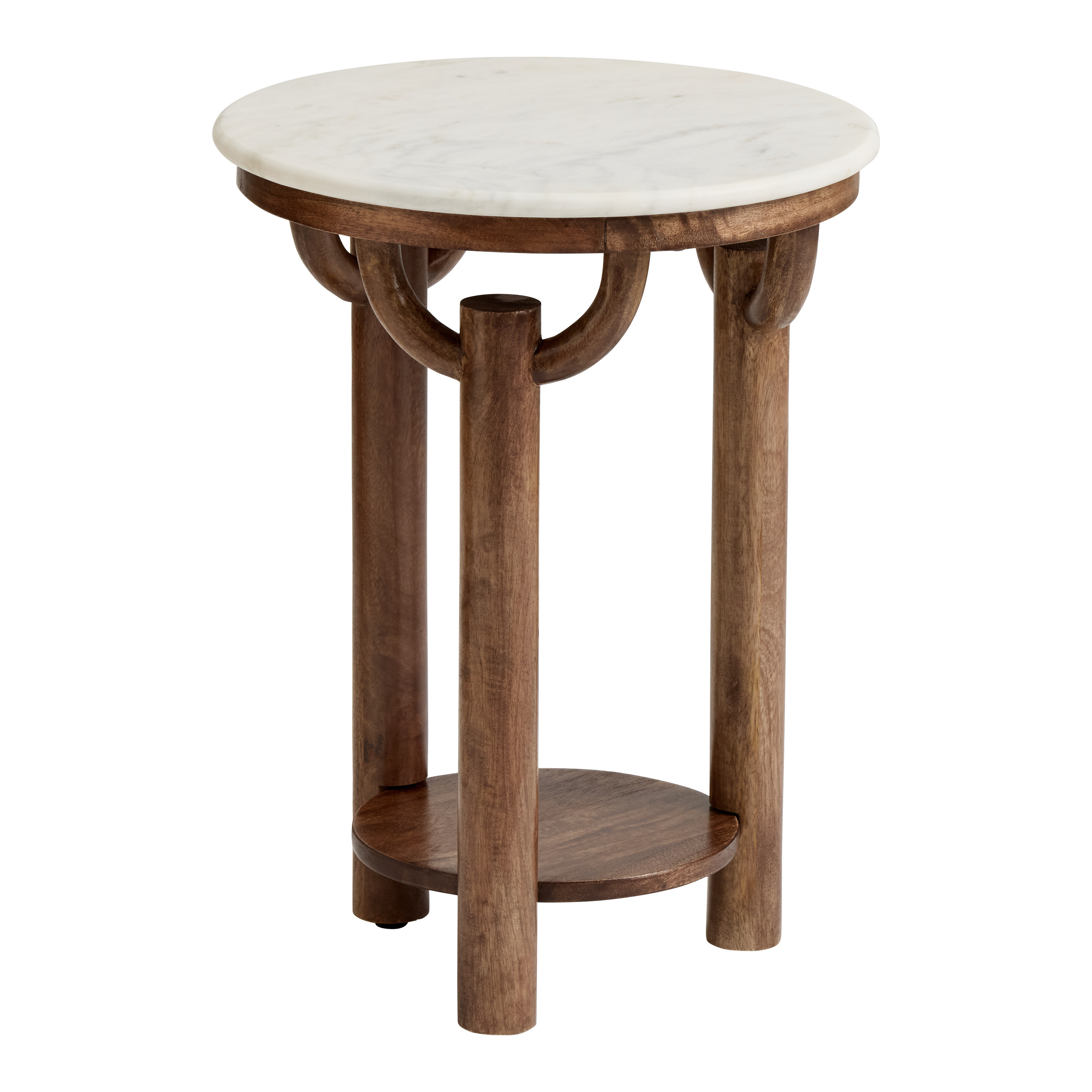 Gannon Round White Marble and Wood Side Table with Shelf | World Market