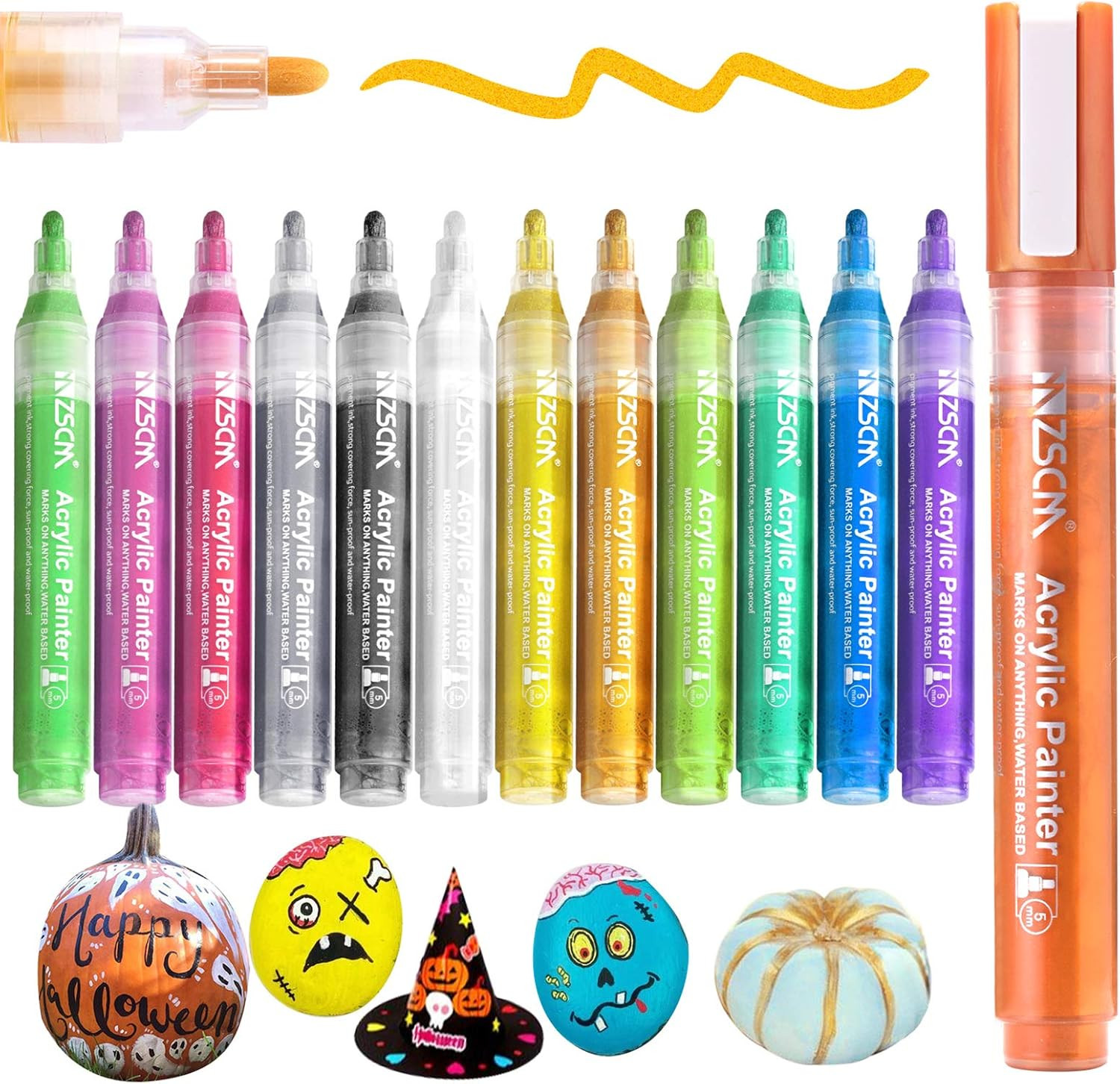 Paint Pens Acrylic Markers, ZSCM 12 Colors Paint Markers for Halloween Pumpkin Painting, Metallic Art Marker, for Adults Card Making, Rocks Painting, Wood Slices, School Supplies | Amazon (US)