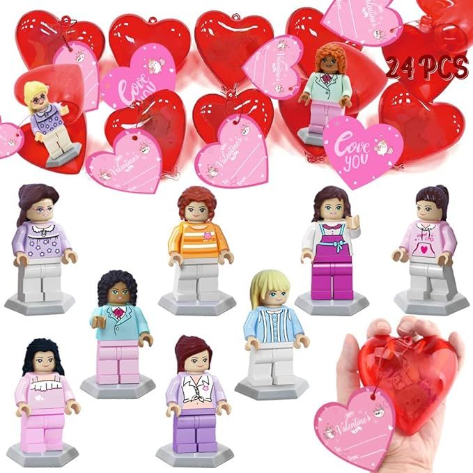 Valentines Day Cards for Kids School, 24 Pack Valentines Building Blocks Prefilled Red Hearts for... | Amazon (US)