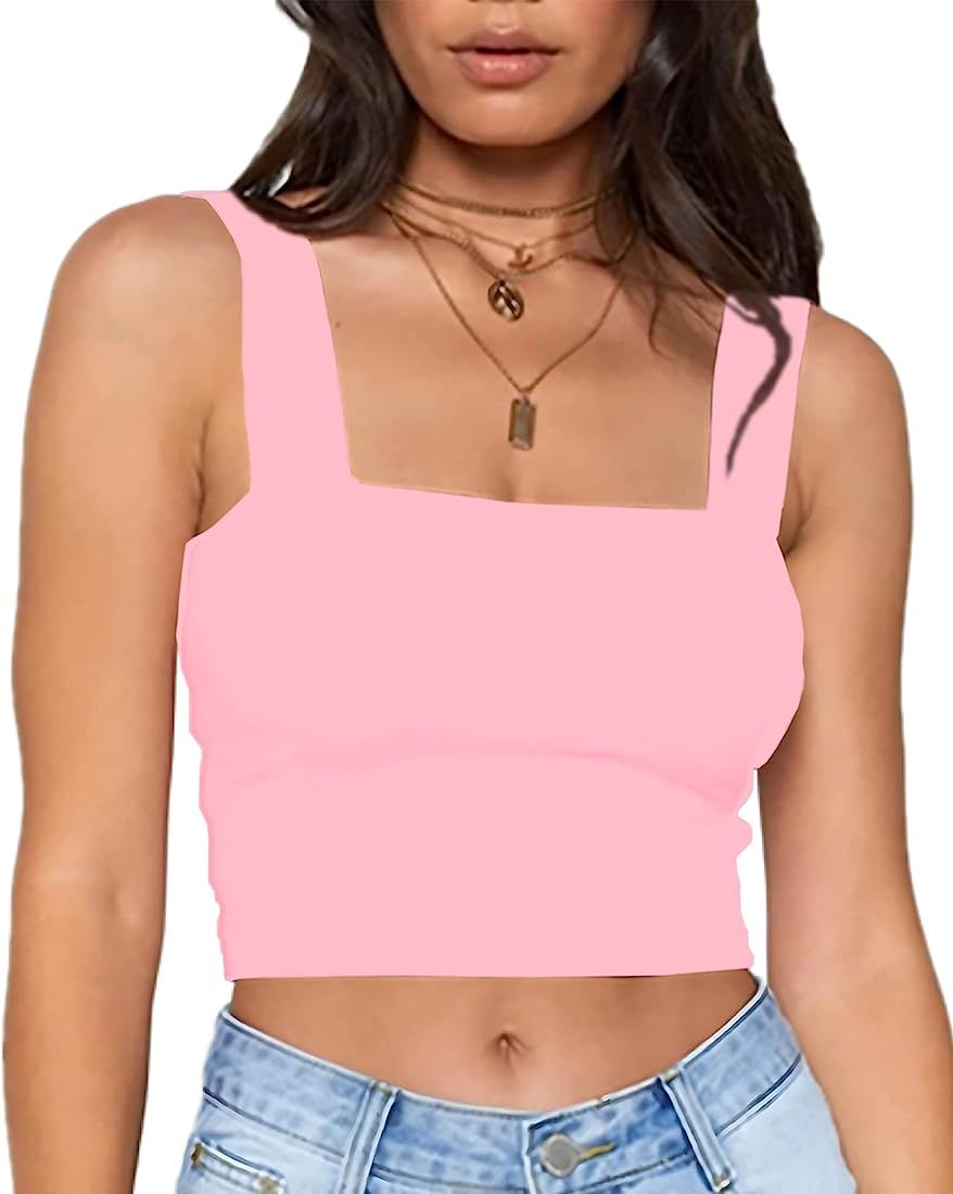Wsirmet Women Tank Crop Tops Summer Sleeveless Square Neck Slim Basic Solid Short Camisole Blouse... | Amazon (US)