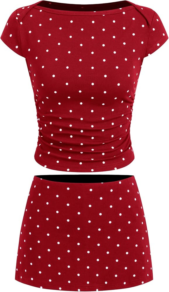 CIDER Womens Summer Outfits Polka Dot Ruched Tee Low Waist Mini Skort Boat Neck Set | Amazon (US)
