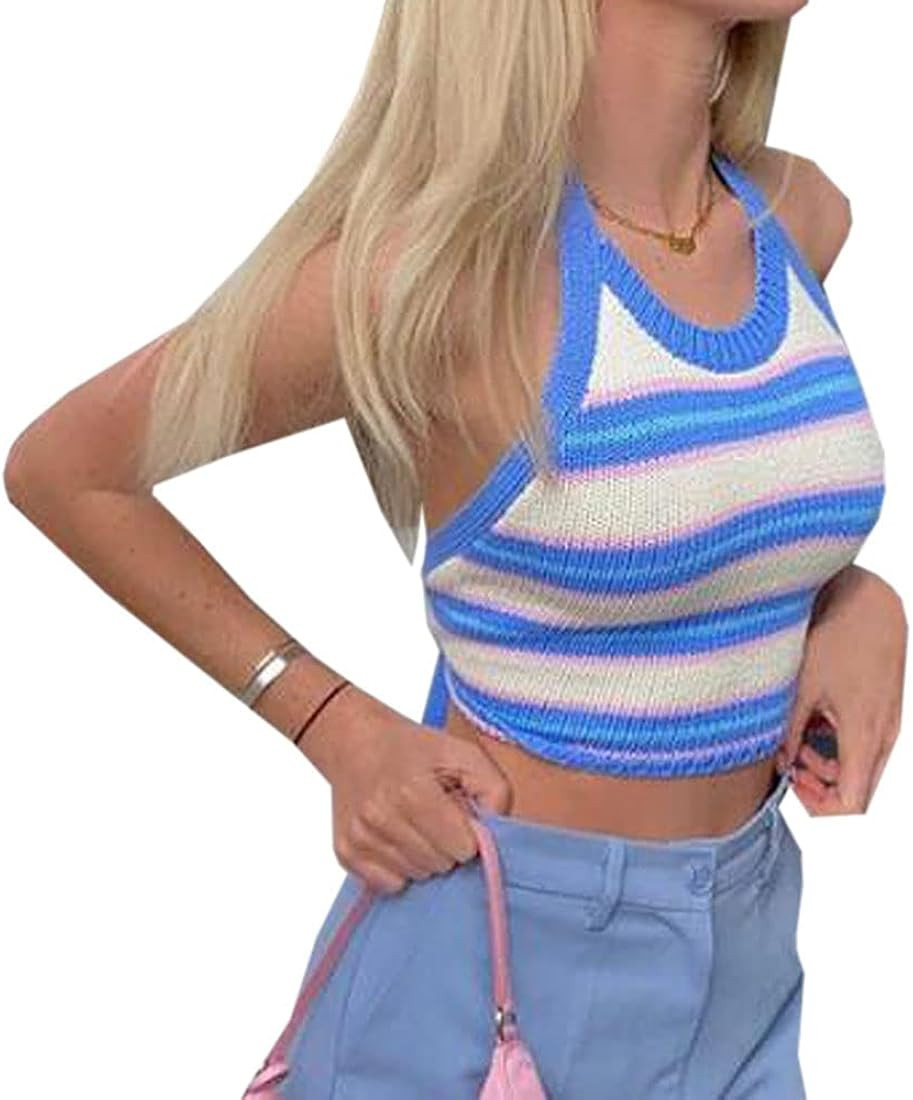 Women Y2K Knitted Crop Tank Tops Halter Neck Crop Cami Top Aesthetic Sleeveless Strappy Summer Sh... | Amazon (US)