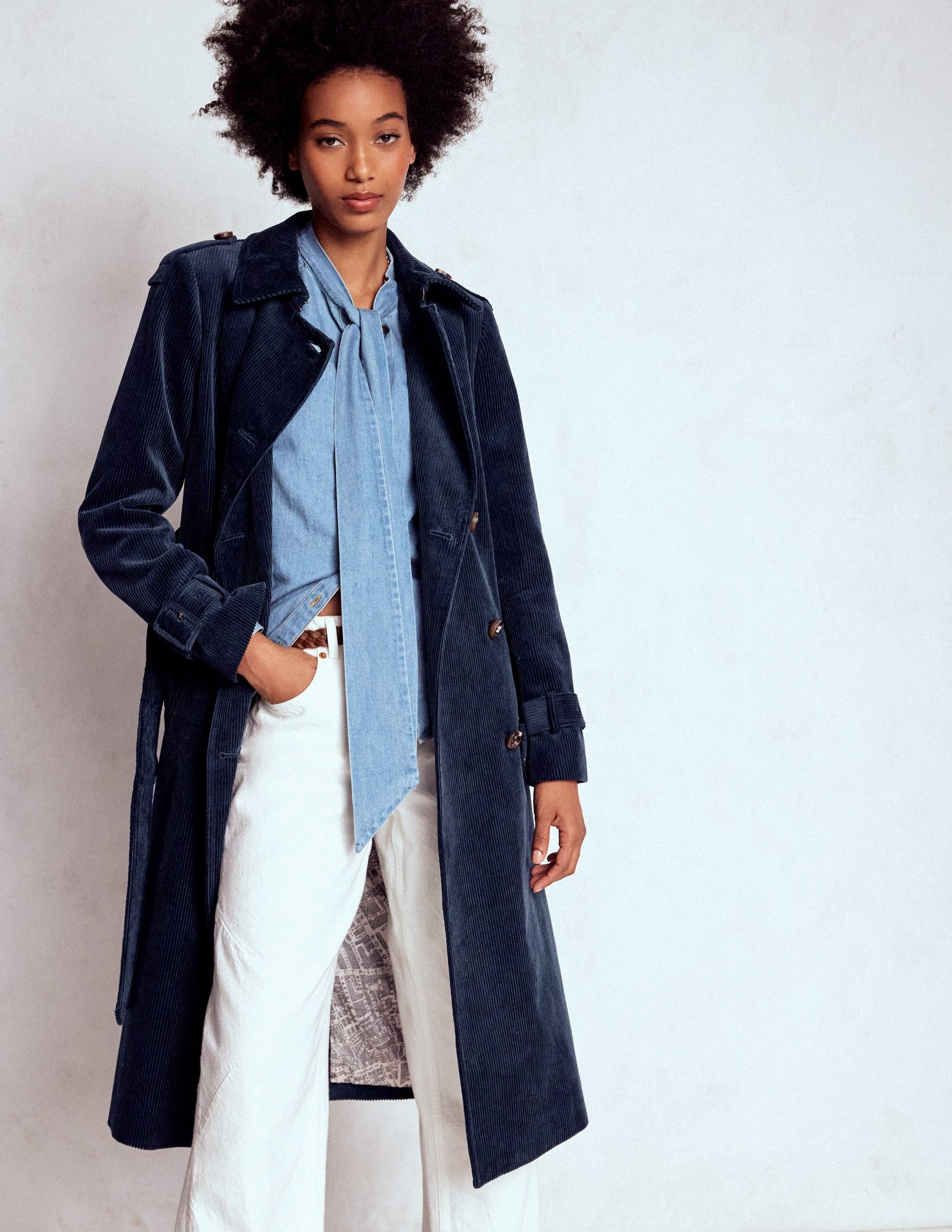 Boden Women's Cheltenham Cord Trench Coat in Blue | Size 12 | Boden (US)