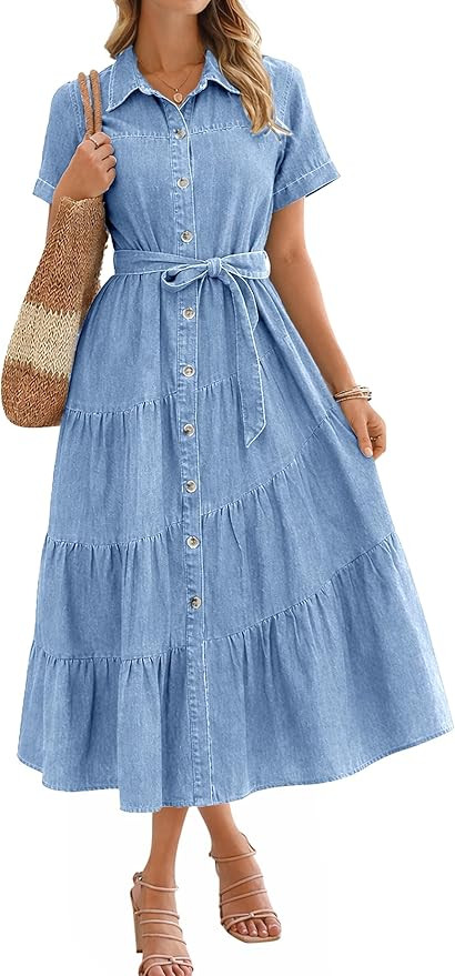 BerryGo Womens Summer Denim Shirt Dress Casual Belted Short Sleeve Button Down Flowy Midi Jeans D... | Amazon (US)