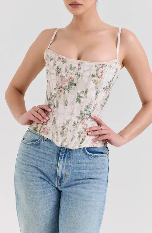 HOUSE OF CB Cadie Stretch Cotton Corset Top in Vintage Floral And Cream at Nordstrom, Size X-Large | Nordstrom