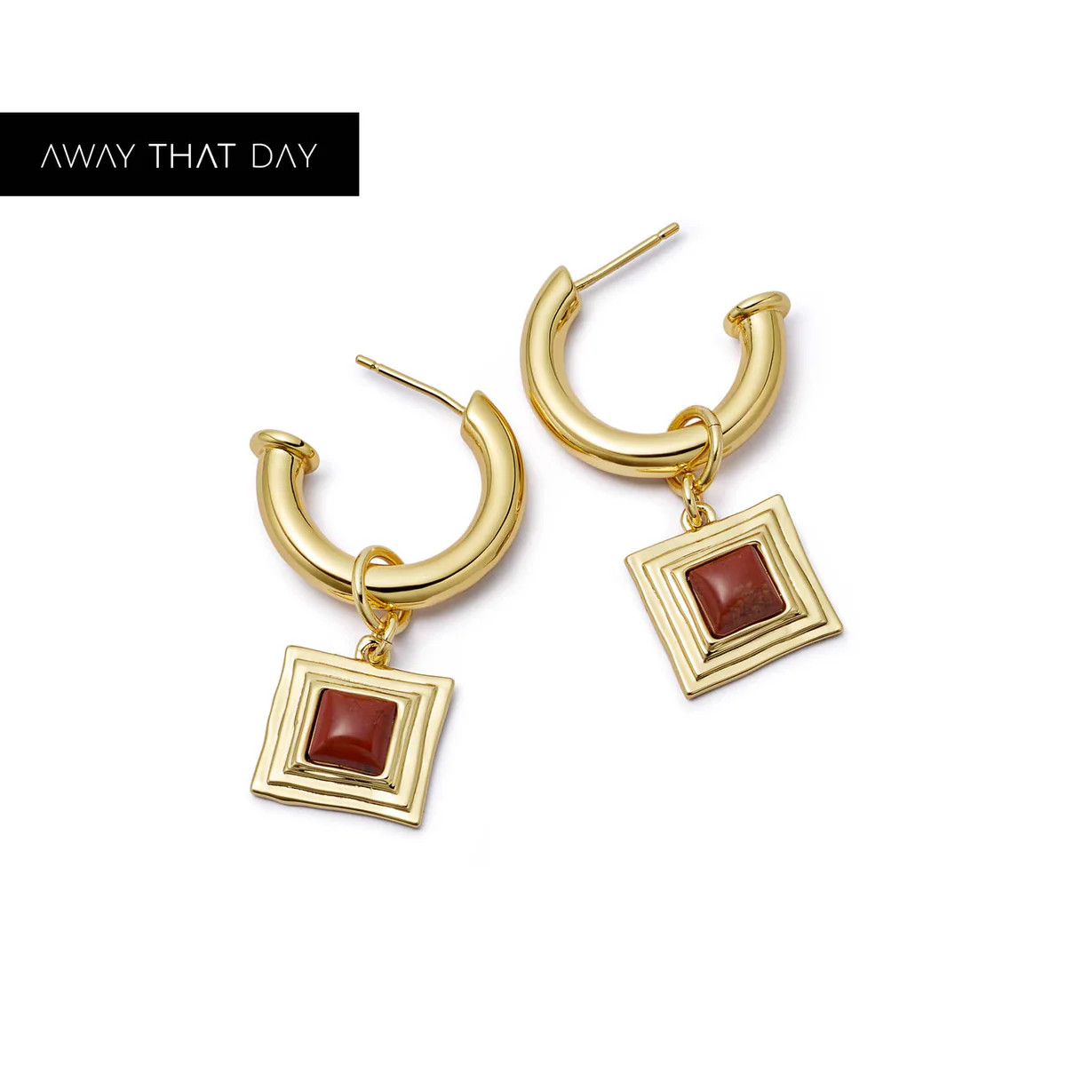 Red Jasper Square Chubby Hoop Earrings 18ct Gold Plate | Daisy London Jewellery
