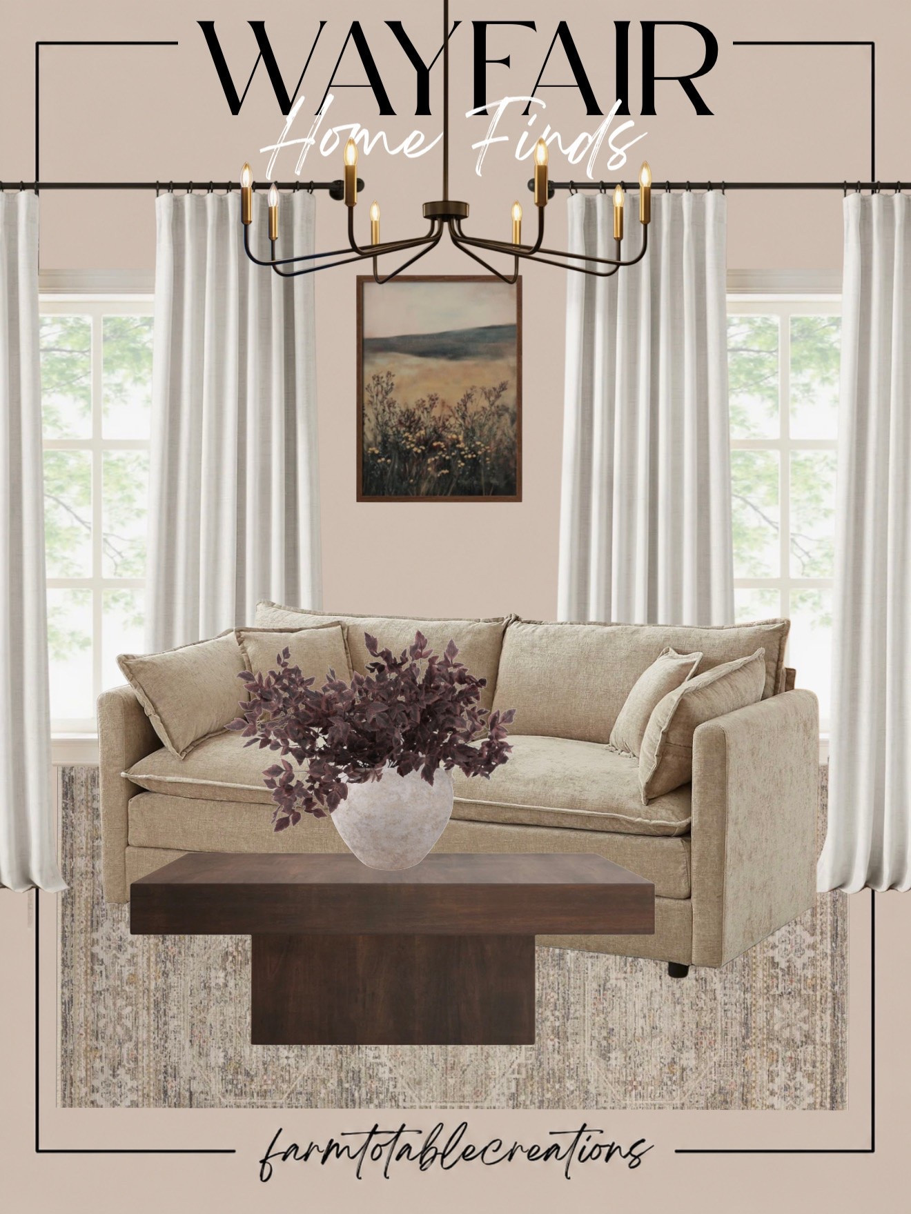 Wayfair Cozy Living Room Finds 🤎

This Wayfair living room has that warm, collected look I love! The relaxed neutral sofa paired with the dark wood coffee table creates the perfect foundation, while the vintage-inspired rug, linen-look curtains, and moody landscape artwork add softness and character.

The oversized chandelier completely finishes the space, and those deep burgundy stems are such a pretty way to bring in a subtle touch of fall without going full seasonal decor. Cozy, timeless, and effortlessly elevated!

Follow @farmtotablecreations on Instagram for more cozy home finds and trending decor.#Wayfair #WayfairFinds #WayfairHome #LivingRoomInspo #LivingRoomDecor #CozyHome #NeutralHome #WarmNeutrals #FallHomeDecor #DesignerInspired #HomeDecor #HomeInspo #AffordableHomeDecor #LTKFinds

#LTKHome #LTKSaleAlert