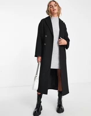 Monki belted wool blend double breasted coat in black | ASOS (Global)