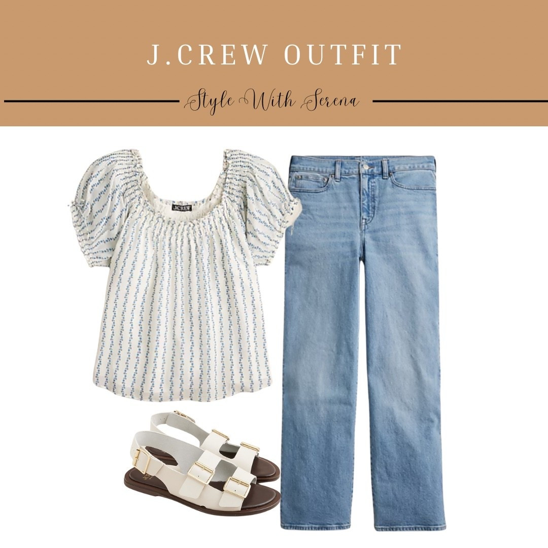 Jcrew outfit 
Jcrew style 
Summer outfit 
Sandals 
Jeans 
Denim 
Summer blouse 

#LTKSeasonal #LTKShoeCrush #LTKStyleTip