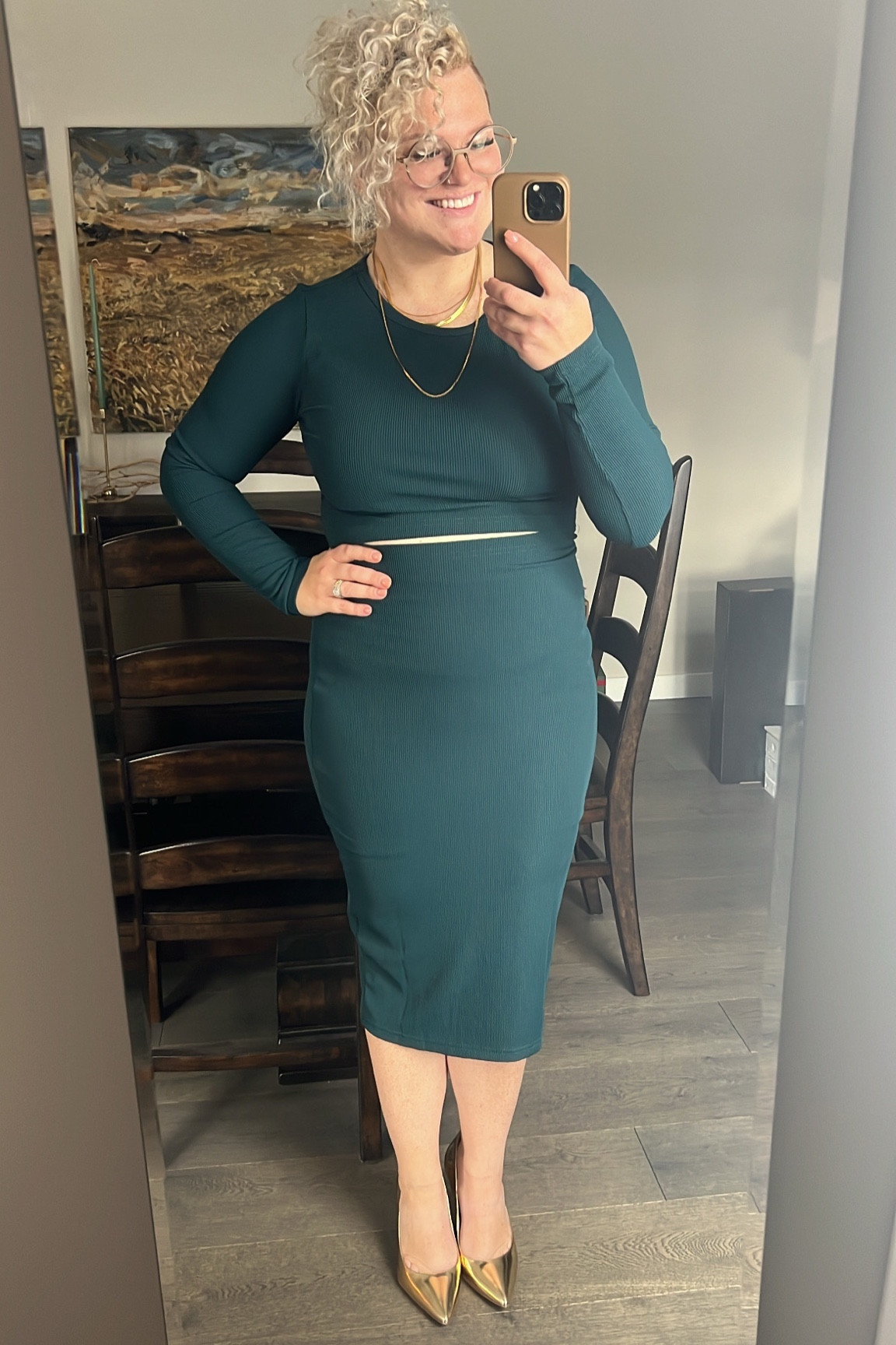 Wearing a medium here! Very flattering! If you’re uncomfortable with the opening at the stomach,
This dress is ADORABLE with a knit sweater tucked up and under your bra which helps dress this down! And this COLOUR is to DIE FOR! 

#LTKmidsize #LTKstyletip #LTKHoliday