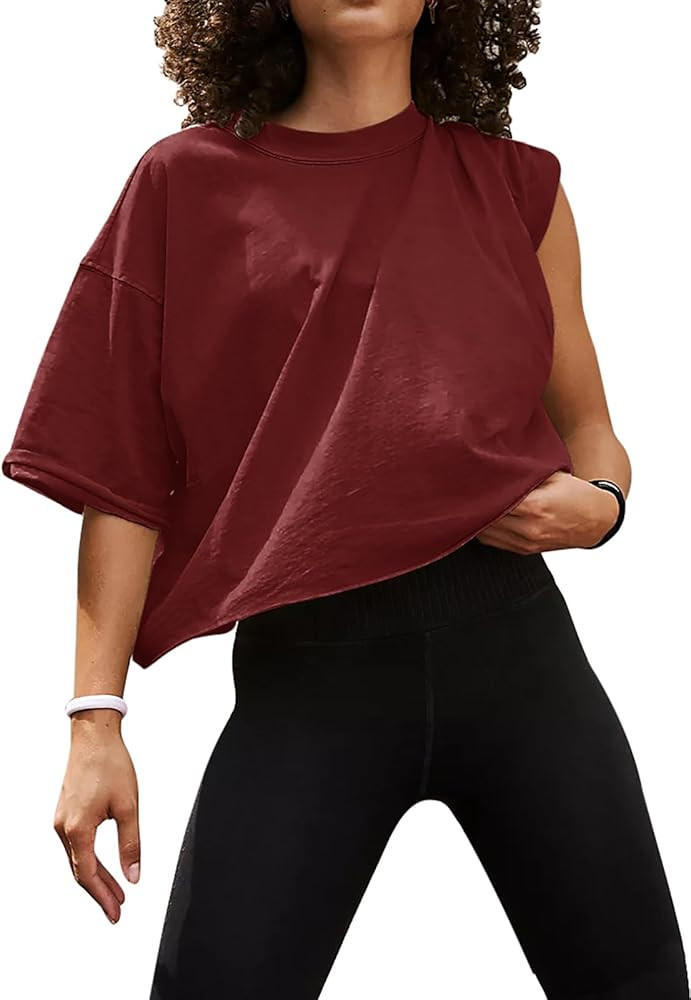 UEU Women's Comfy Basic Workout Gym Short Sleeve Crop Tops Casual Loose Oversized T-Shirts | Amazon (US)