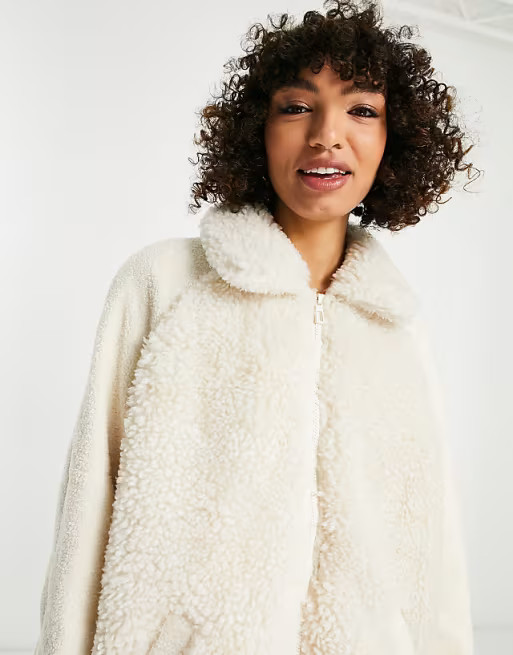 Only longline teddy coat in cream | ASOS (Global)