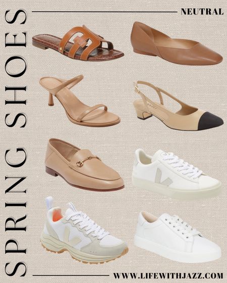 Neutral spring shoes for every occasion! 

Top favorites: 
• sam Edelman bay slide sandals - tts + available in multiple colors 
• Aliz slingbacks - run half a size small + narrow 
• Sam Edelman loafers - tts + very comfortable 
• Sam Edelman + veja sneakers - my favorite neutral sneakers for casual and smart casual outfits 
• varley sneakers - my favorite neutral sporty sneakers 

#LTKshoecrush