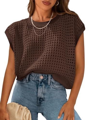 PRETTYGARDEN Womens Spring Tops 2026 Summer Shirts Crochet Cap Sleeve Sweater Pullover Cute Beach Vacation Clothes(Coffee,Small) | Amazon (US)