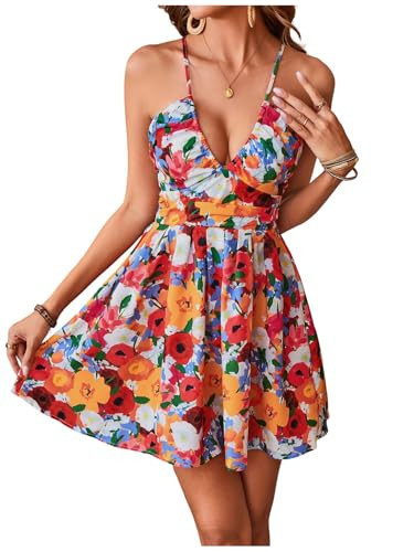 Floerns Women's Floral Print Criss Cross Cami Dress Tie Back Flared Mini Dresses Red Multi Small | Amazon (US)