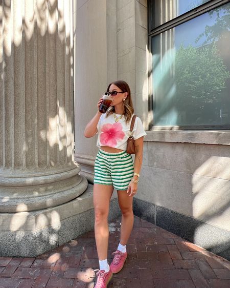 6/8/24 Fun casual summer outfit 🫶🏼 Casual summer outfits, summer fashion, summer outfit ideas, summer fashion, summer fashion 2024, boxer shorts, boxer shorts outfit, flower graphic tee, flower top, flower tshirt, pink sneakers, alohas sneakers