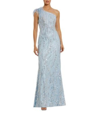 Feathered One Shoulder Embroidered Applique Gown | Bloomingdale's (US)