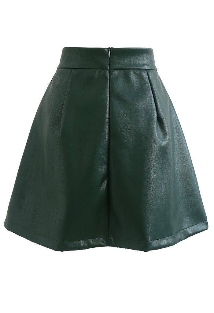 Faux Leather Pleated Detail Mini Skirt in Dark Green | Chicwish