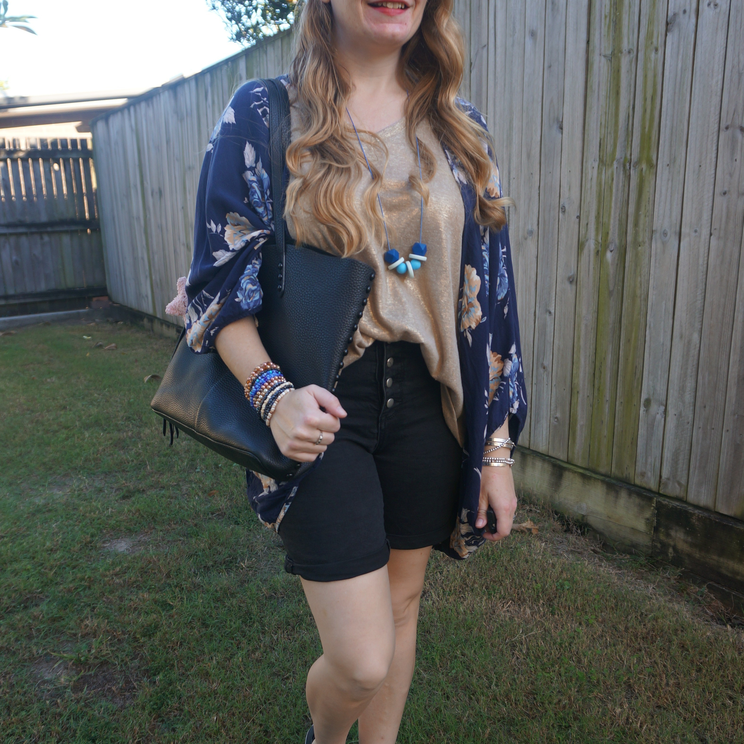 Thrifted floral cover up with metallic gold tee, old Jeanswest black denim shorts and Rebecca Minkoff unlined studded tote bag 🖤

#LTKaustralia #LTKbag