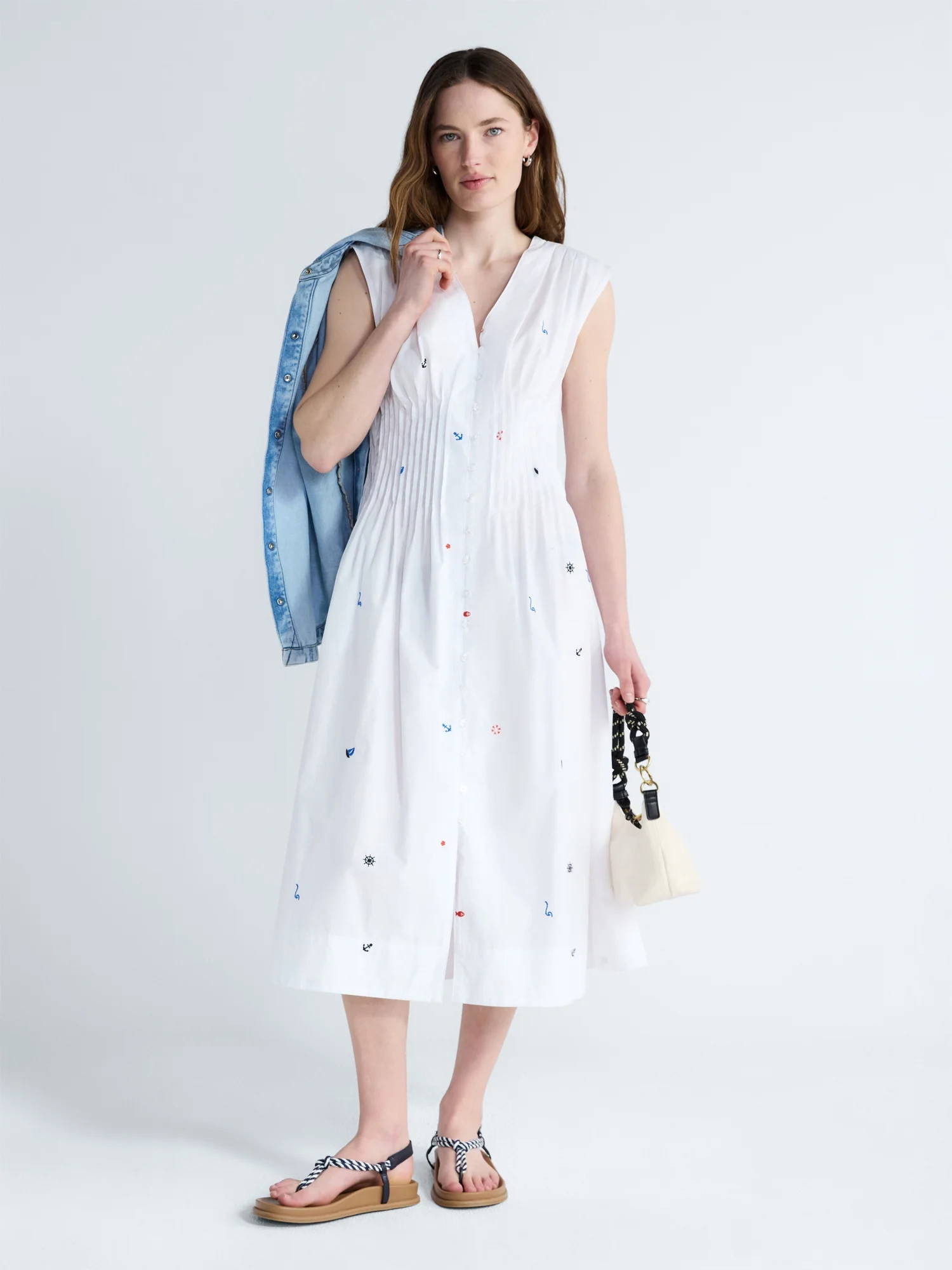Free Assembly Women's Sleeveless Embroidered Cotton V-Neck Midi Dress, Sizes XS-XXL - Walmart.com | Walmart (US)