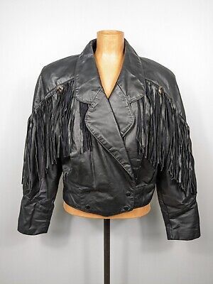 VTG G-III Women's Black Leather Fringe Jacket Genuine Leather Western Biker S  | eBay | eBay US