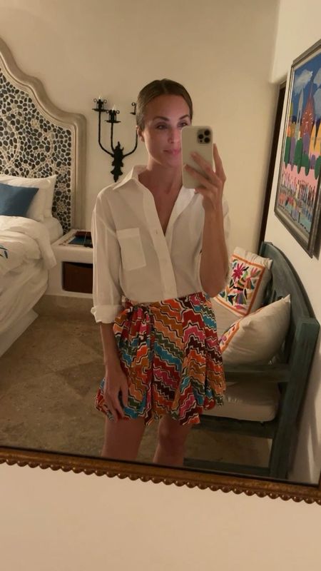 Smart casual vacation dinner look! White button down XS, Ric Rac skirt XS, heels TTS and nice and low! This print also comes as a dress and in a matching crop top. 

#LTKFind #LTKSeasonal #LTKstyletip