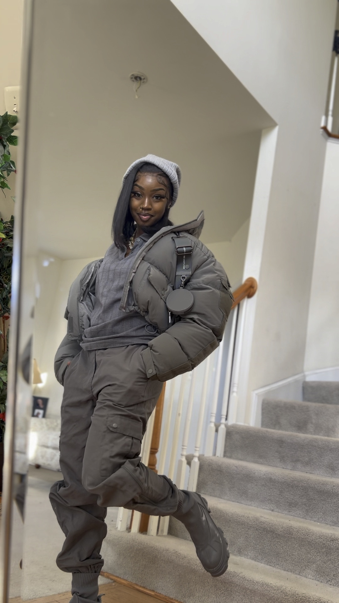 Jacket link:

https://saintgiovani.co.uk/collections/women-jackets/products/astronaut-cropped-down-jacket-s3-khaki

Pants are no longer sold
Website linked below 

https://kappa-usa.com

The top is my fathers no brand 