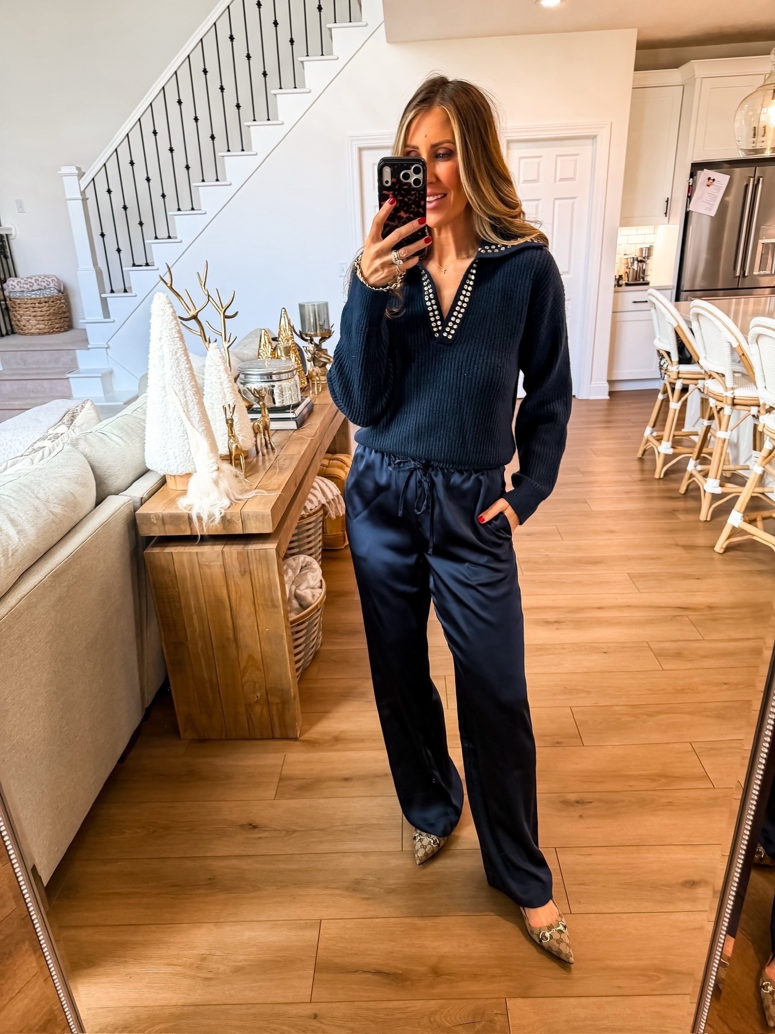 Stylish blue outfit for fall and winter, silk satin pants, v neck sweater, ballet flats, themominstyle

#LTKSeasonal #LTKootd #LTKmomlife