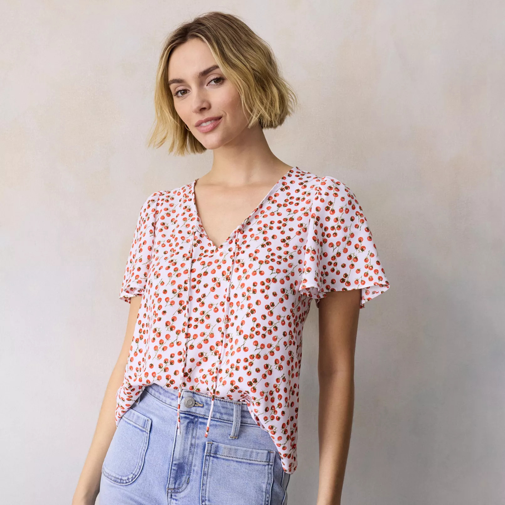 Women's LC Lauren Conrad Tie-Front Keyhole Flutter Sleeve Woven Top | Kohl's