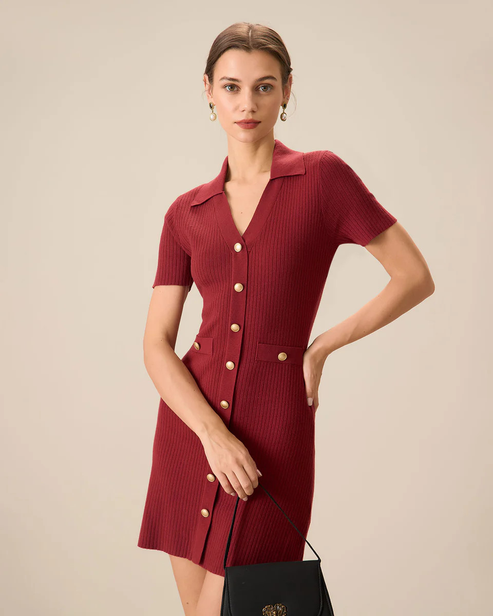 Women's Red V-Neck Bodycon Sweater Dress | rihoas.com