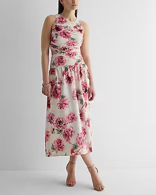 Floral High Neck Pleated Cutout Maxi Dress | Express