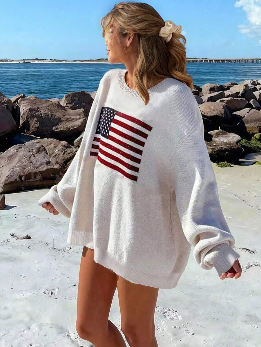 SoleilVie Usa Flag Design Drop Shoulder Sweater,Long Sleeve Tops Knit Pullover Fall Winter Outfit | SHEIN