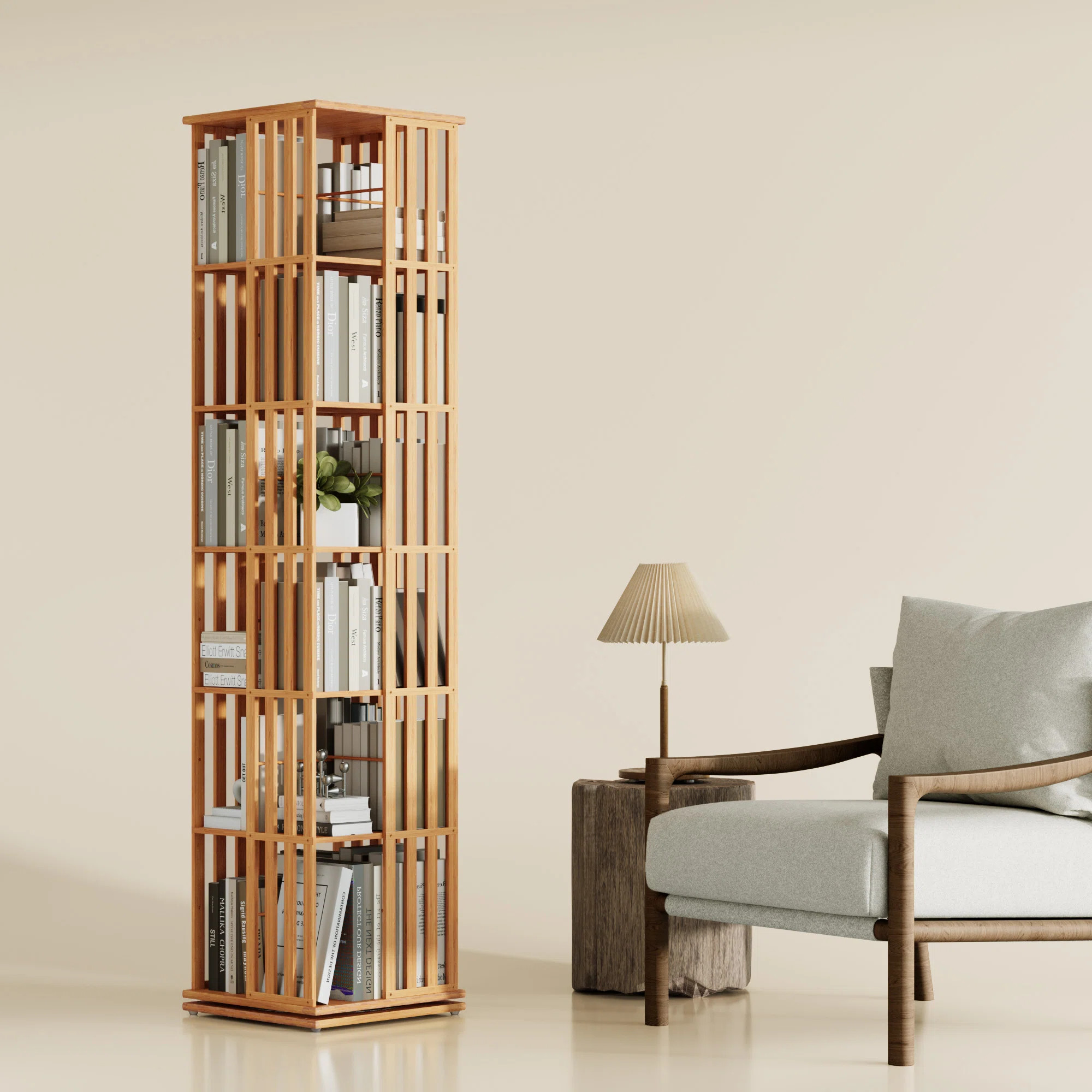 Rotating Bookcase Tower, Bamboo Corner Bookshelf with Display Organizer & Floor Storage Rack, 360... | Wayfair North America