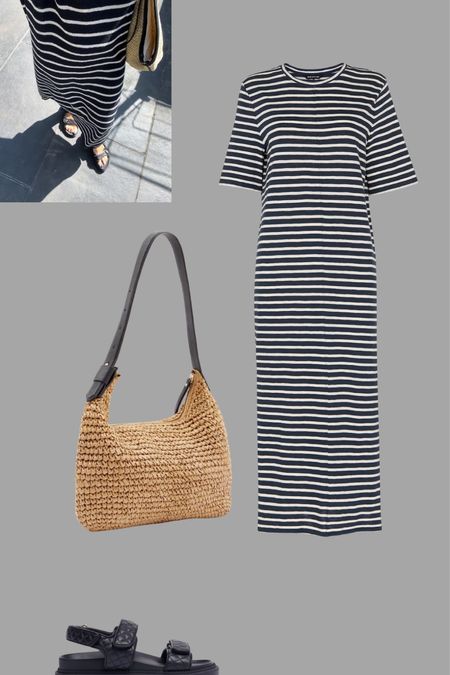  A simple striped shirt sleeve dress a great throw-in for summer days. Give it an edge with chunky dad sandals and a straw bag