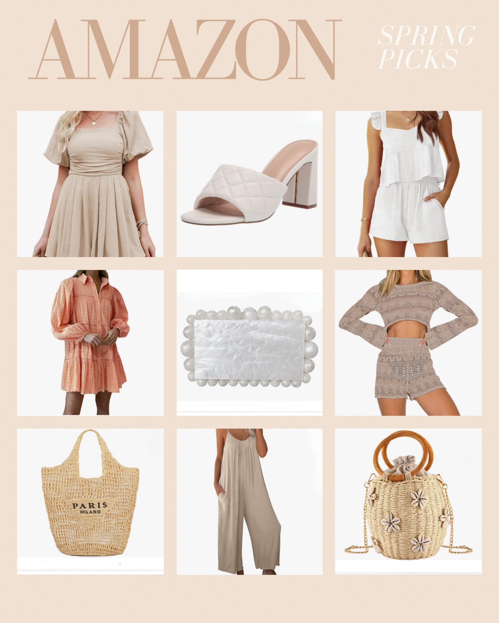 Amazon spring picks 
Summer bags, spring bags, crochet bag, dressy clutch, shell and raffia bucket bag, wide leg romper, white heel, two piece linen set, white set, spring fashion, summer fashion, spring dress, two piece crochet set, neutral clothes, long sleeve dress, puffy sleeve dress

#LTKSeasonal #LTKunder50 #LTKunder100