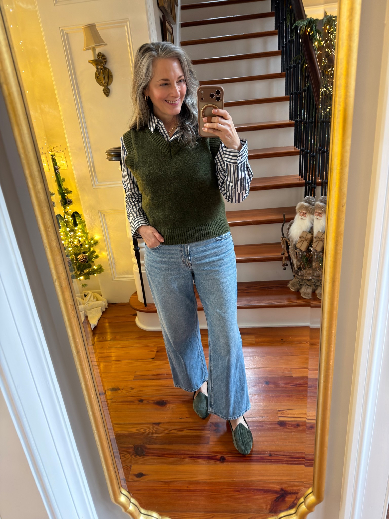 Zara sweater vest in medium
American Eagle jeans in 8 short
Quince blouse in medium for oversized look
Birdies flats are old, but I wear a true size 8 in all of mine. 



#LTKootd #LTKOver40 #LTKSeasonal