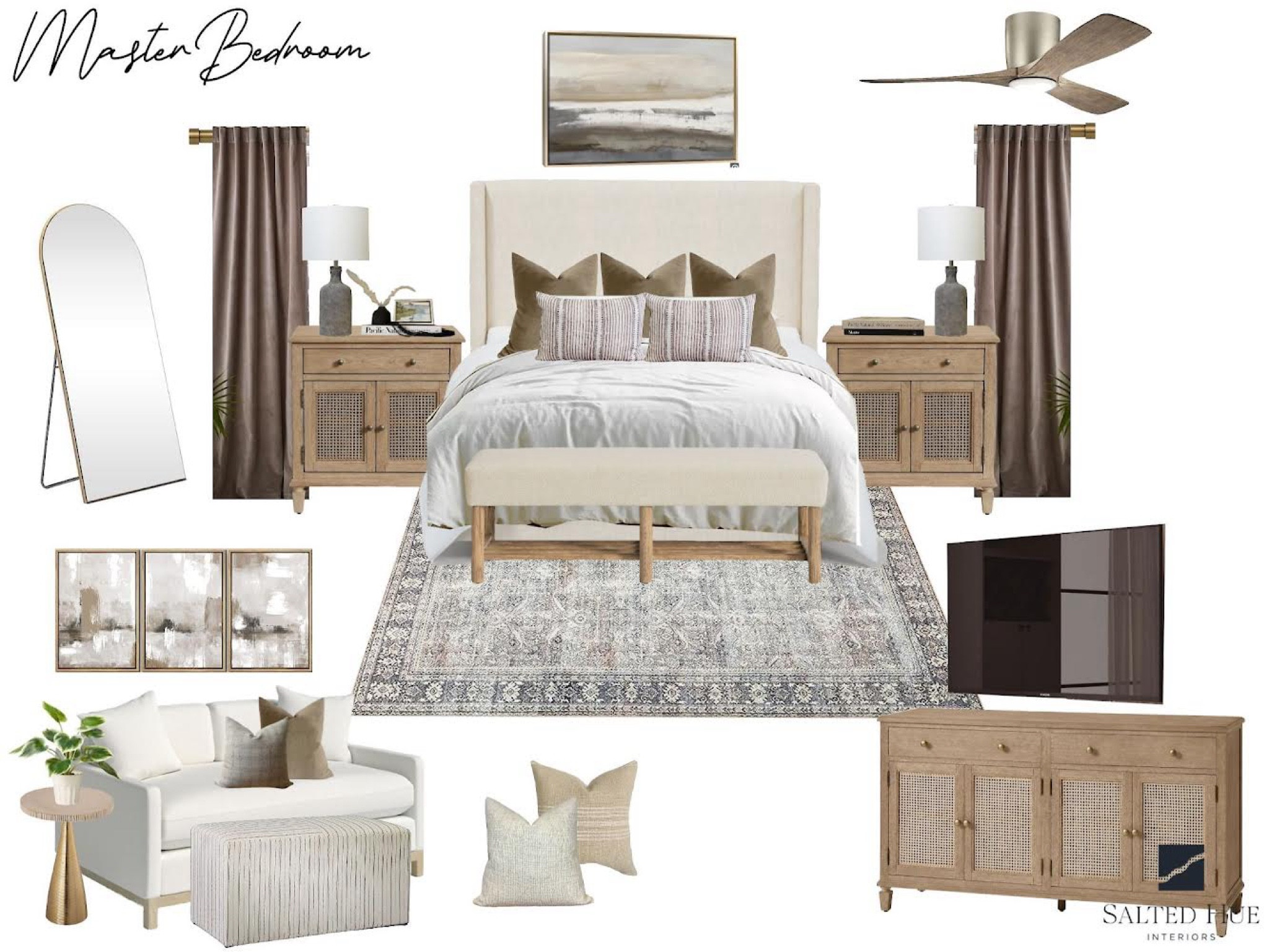 curtains , curtain rod, ceiling fan, tv stand, bedding, art, lamp, and bed side tables 

#LTKstyletip #LTKhome #LTKbeauty