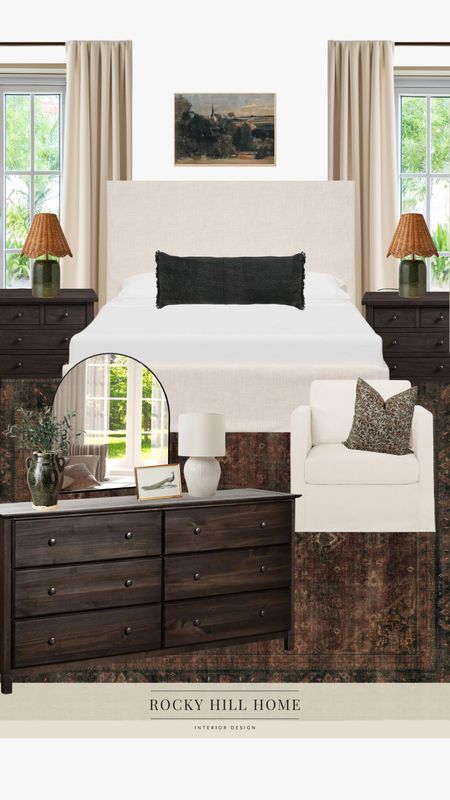 Modern cottage primary bedroom featuring an ivory white slipcovered bed, white chair, farmhouse nightstands, dark wood dresser, and moody rug. Pottery Barn, Target, Walmart, Etsy

#LTKHome #LTKStyleTip