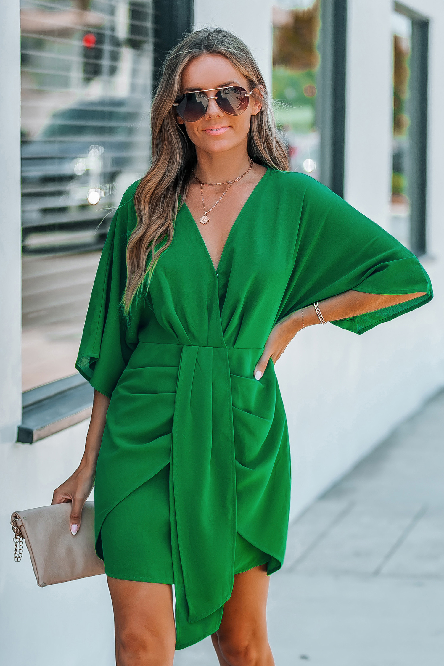 NewGreen Surplice Dolman Sleeve Mini Dress | Cupshe US